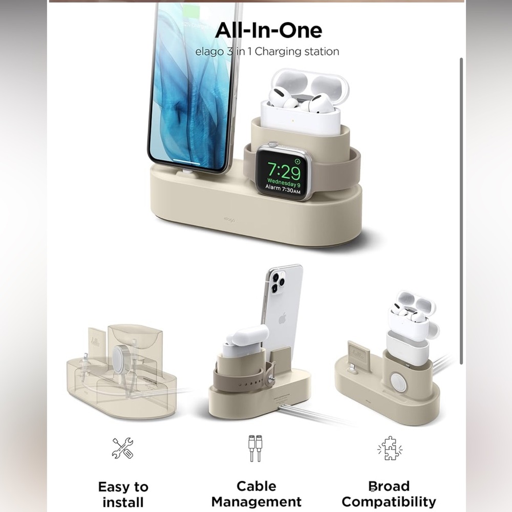 Elago 3 in 1 Charging Station for Apple Watch, AirPod pro, iPhone Cream - Picture 3 of 15